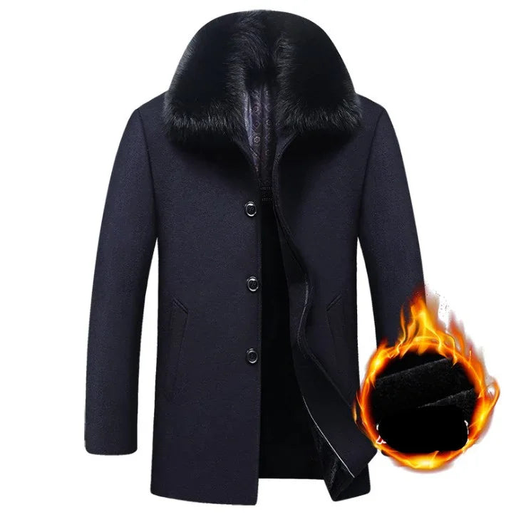 Men's navy blue winter coat with black fur collar and warm fleece lining, fire flame icon indicating heat