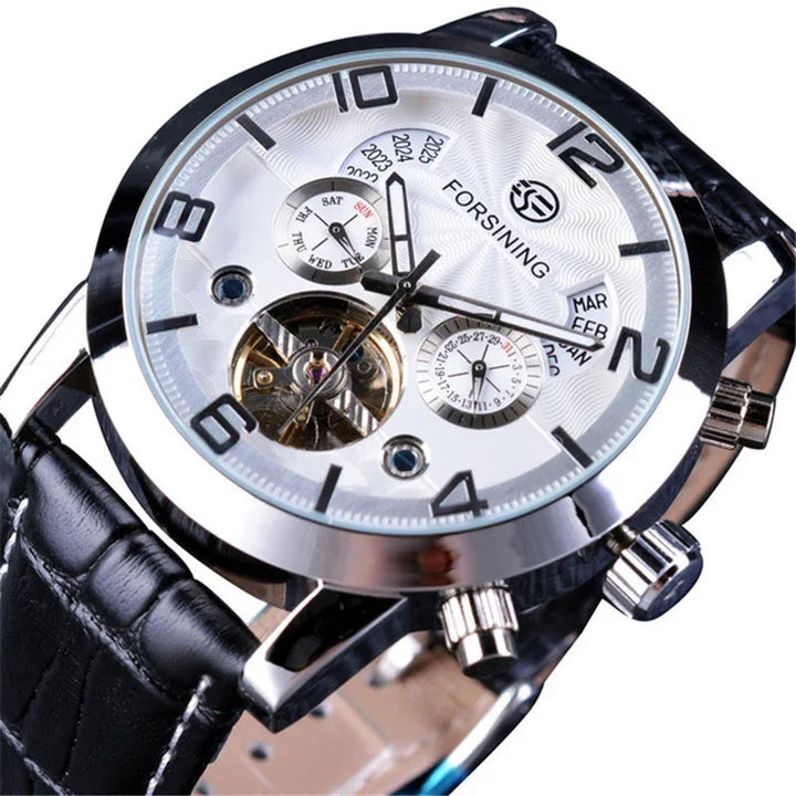 Forsining men's luxury automatic wristwatch with black leather strap and multiple dials on silver face