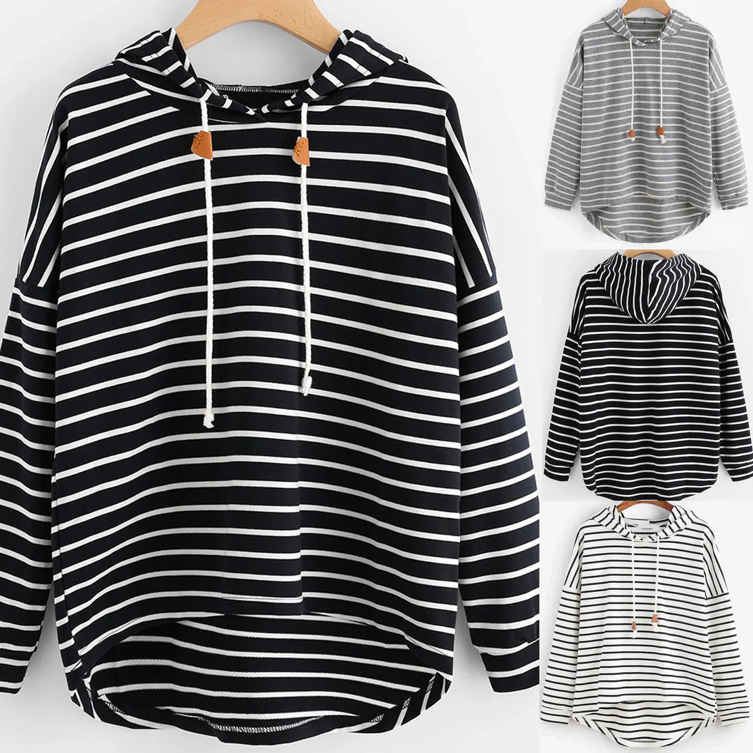Striped hooded sweatshirt with drawstrings in black, gray, and white color options on hangers
