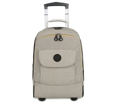 Beige soft fabric rolling suitcase with front pocket and black zipper pulls