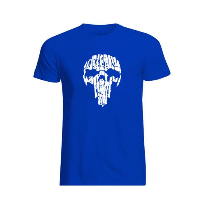 Blue t-shirt with white distressed skull graphic design on chest
