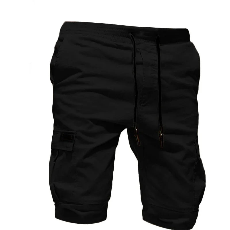 Black men's casual cargo shorts with drawstring waist and side pockets
