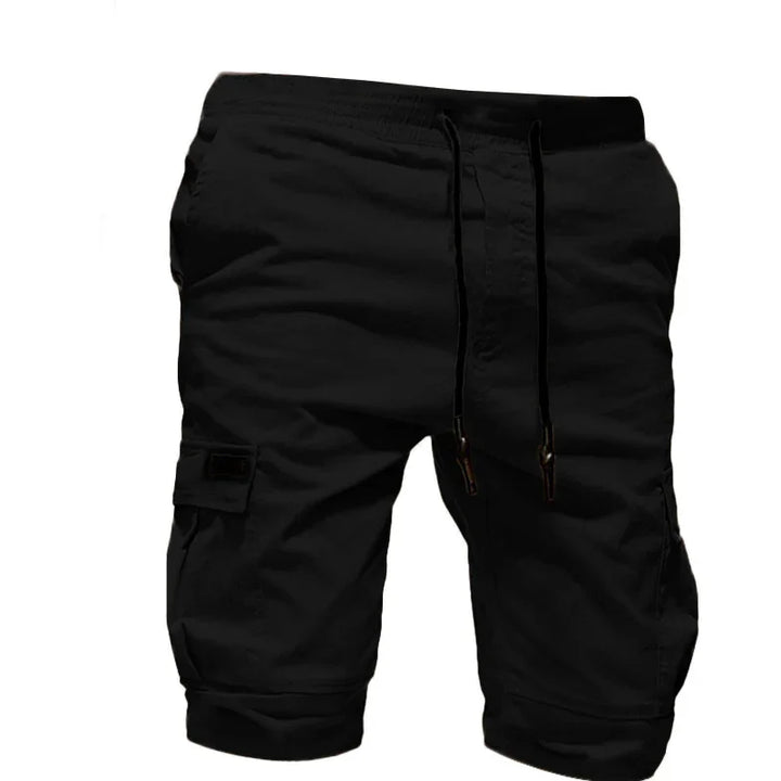 Black men's casual cargo shorts with drawstring waist and side pockets