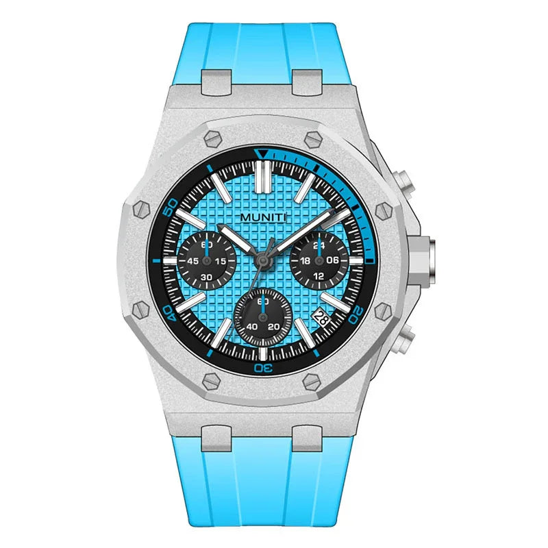 Silver chronograph wristwatch with blue textured dial and matching blue strap