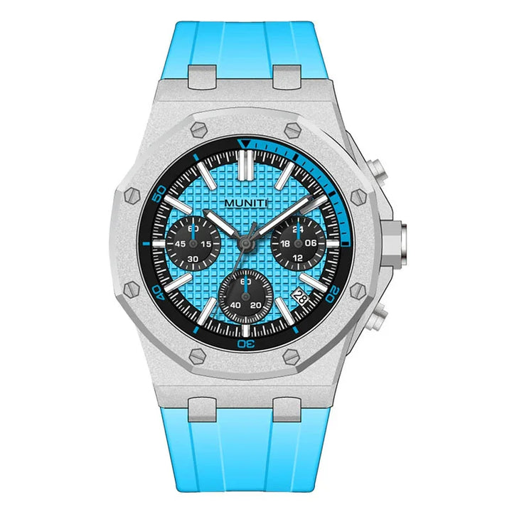 Silver chronograph wristwatch with blue textured dial and matching blue strap
