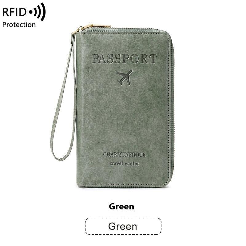 Green RFID protection passport travel wallet with wrist strap and airplane icon