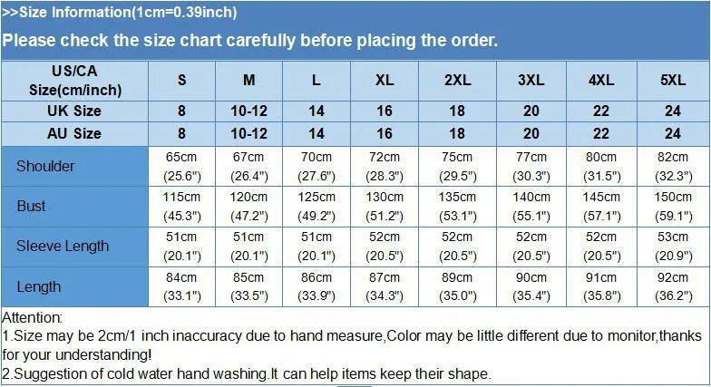 Size chart table showing shoulder, bust, sleeve length, and length measurements for women's clothing sizes S to 5XL