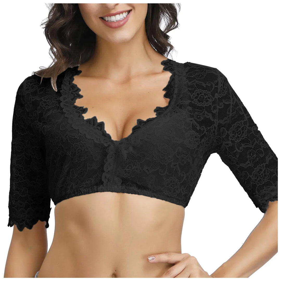 Woman wearing black floral lace cropped top with scalloped edges and half sleeves