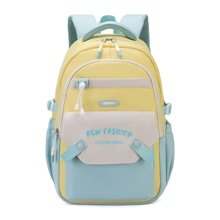 Yellow and blue backpack with front pocket labeled New Fashion, adjustable straps, and multiple compartments