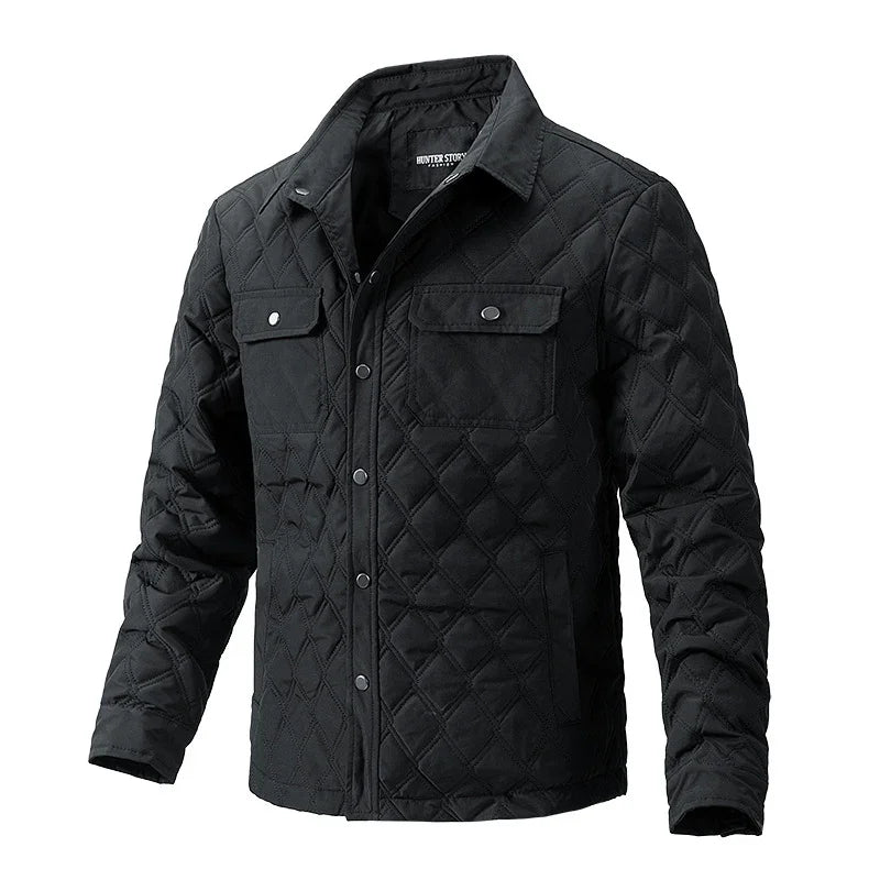 Black quilted jacket with snap buttons, chest pockets, and collar, Hunter Storm brand