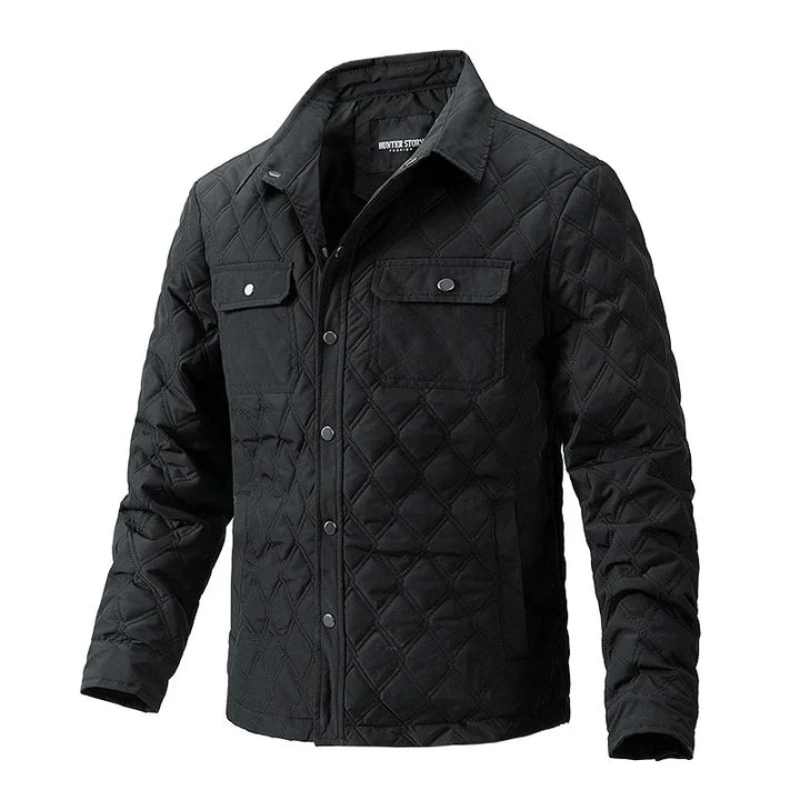 Black quilted jacket with snap buttons, chest pockets, and collar, Hunter Storm brand