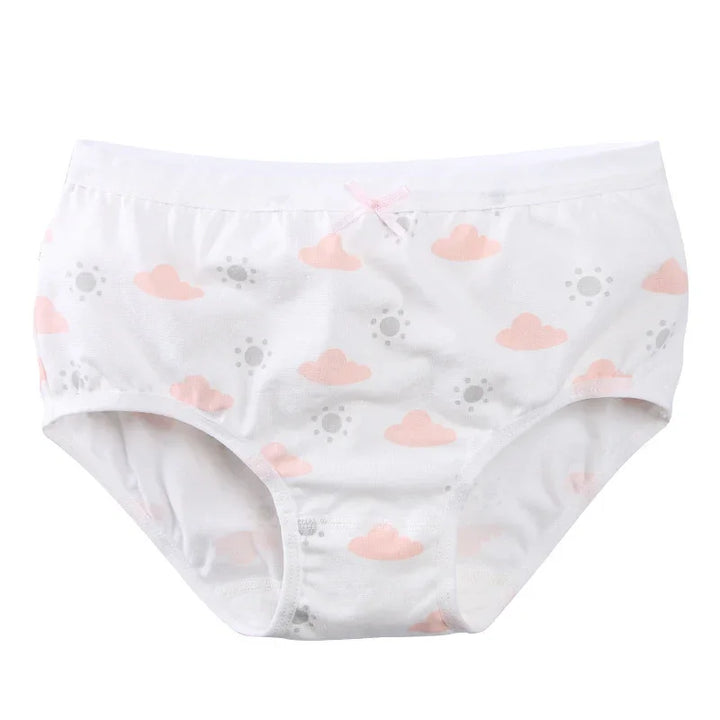 White girls' underwear with pink clouds and grey sun patterns, small pink bow detail