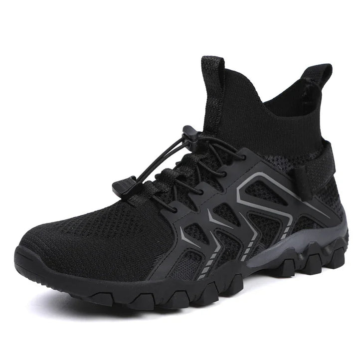 black high-top athletic sneaker with knit upper and rugged sole, featuring adjustable bungee laces