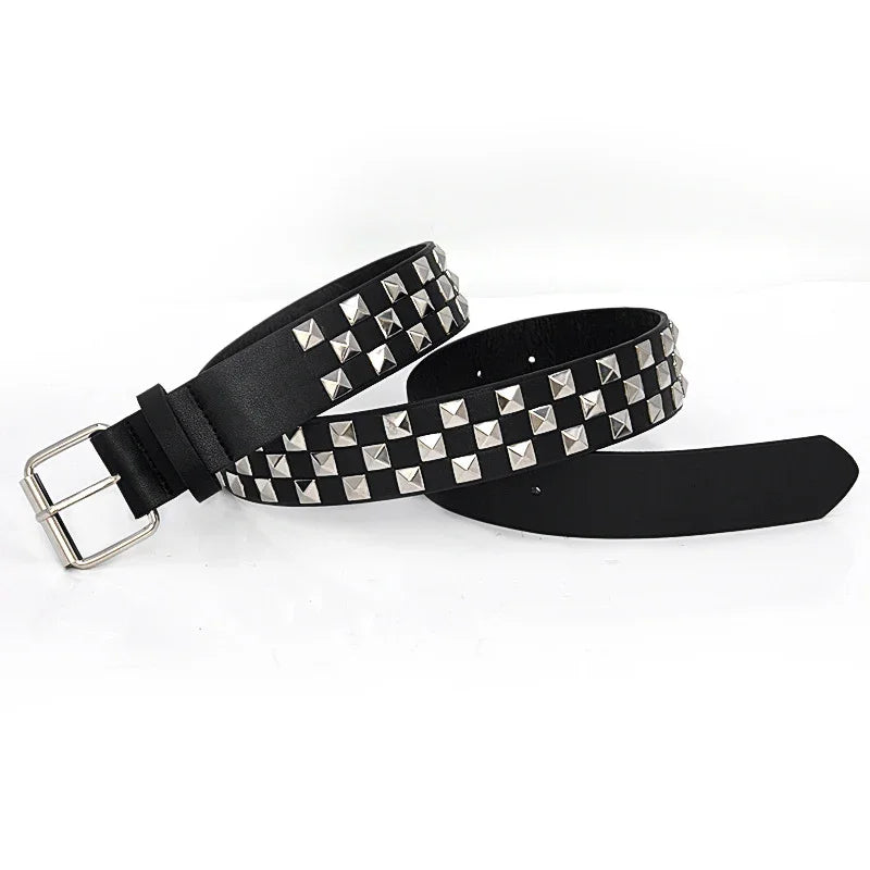 black leather belt with square silver studs and silver buckle on white background