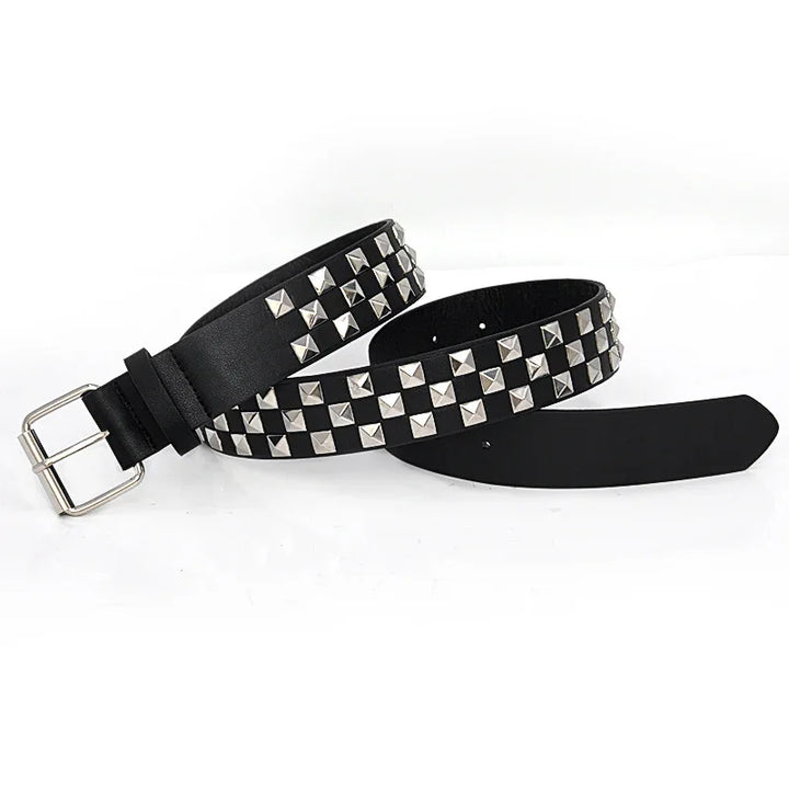 black leather belt with square silver studs and silver buckle on white background