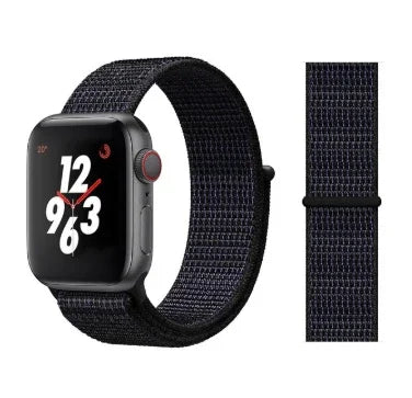 Smartwatch with black woven nylon strap and large white and red numeric digital display
