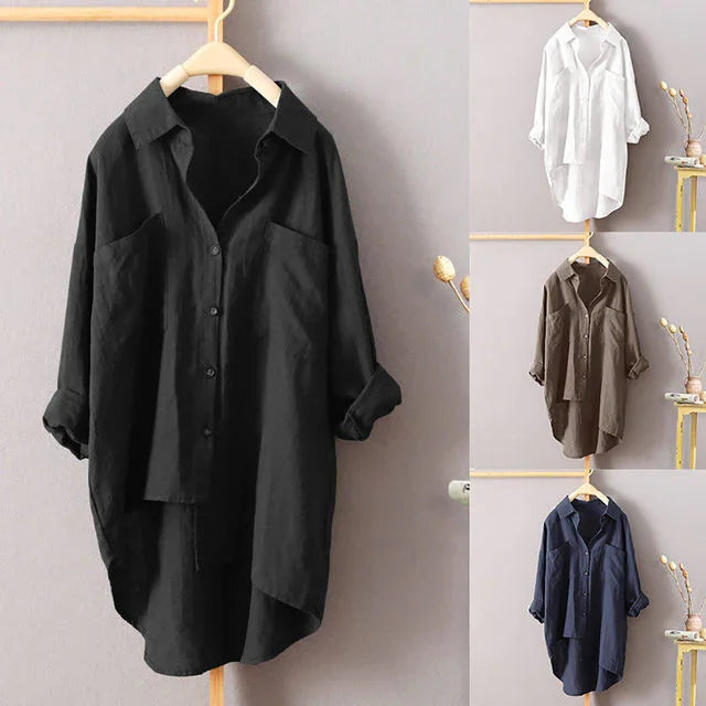 Loose casual button-up shirt in black, white, brown, and navy hanging on wooden hangers