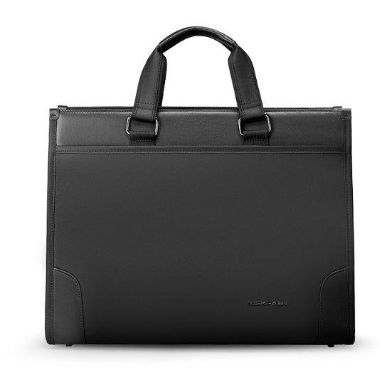Black leather business briefcase bag with top handles and minimalistic design