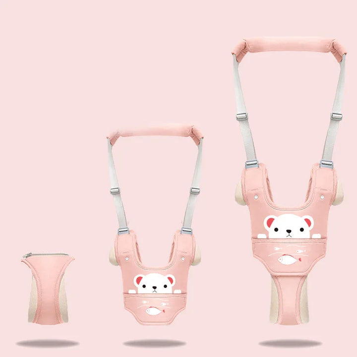 Pink baby walking harness with bear face design and adjustable straps displayed in three views