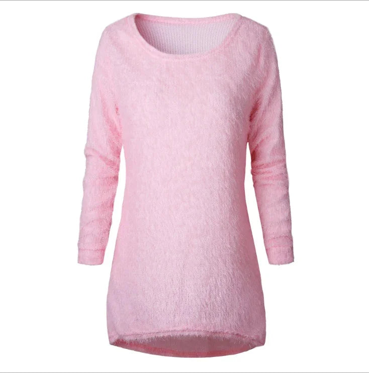 Soft pink fuzzy long-sleeve sweater with round neckline and relaxed fit