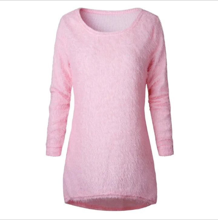 Soft pink fuzzy long-sleeve sweater with round neckline and relaxed fit