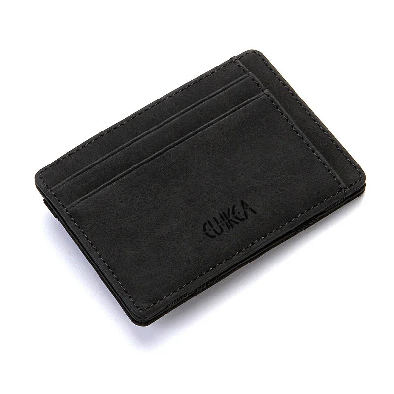 Black slim leather card holder wallet with embossed logo and multiple card slots