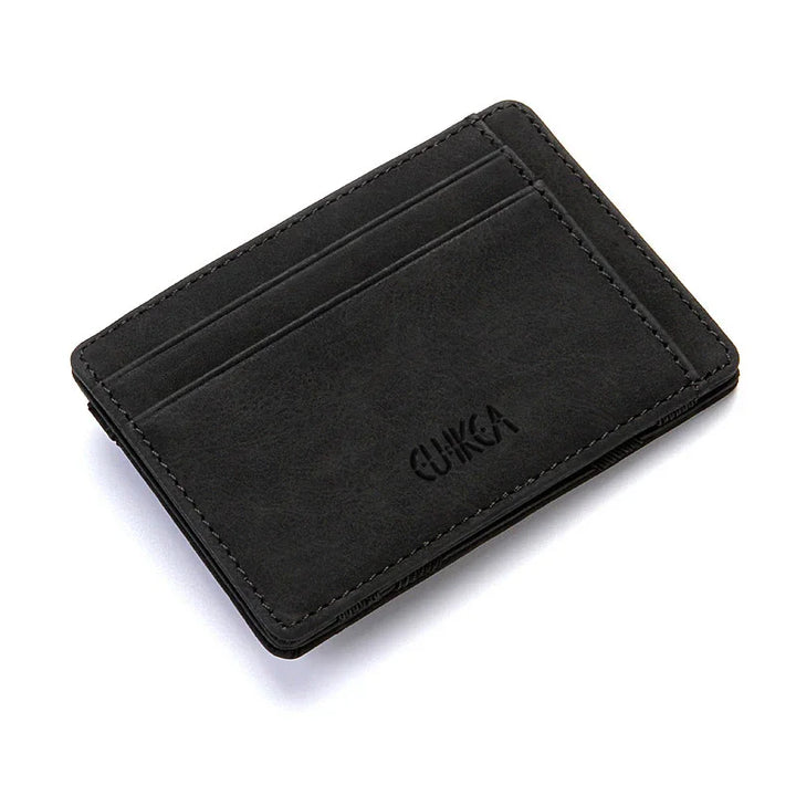 Black slim leather card holder wallet with embossed logo and multiple card slots