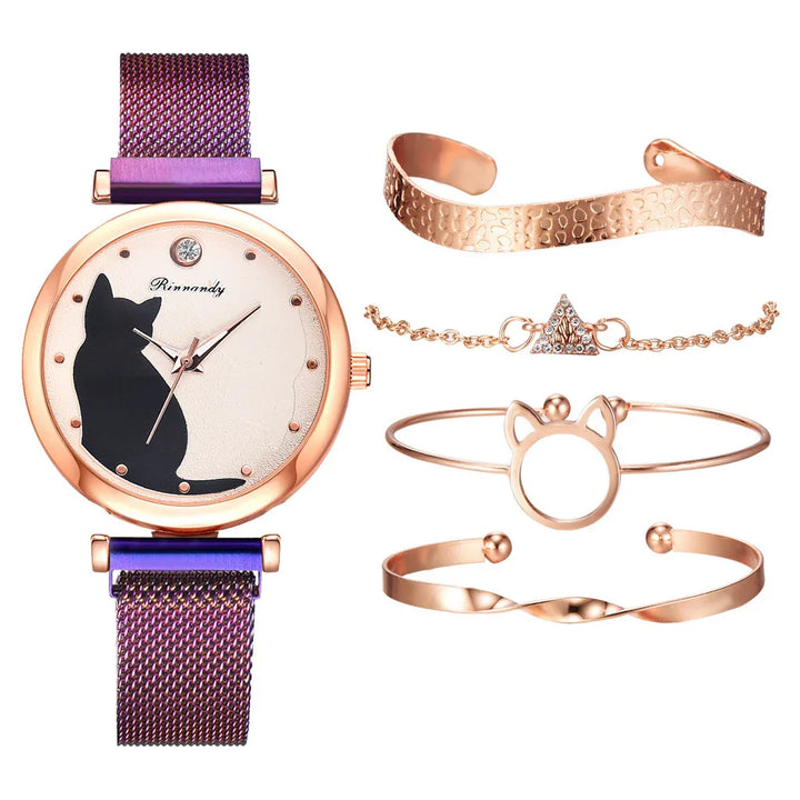 Rose gold watch with black cat silhouette and purple mesh strap, paired with four rose gold bracelets