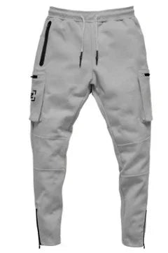 light grey cargo jogger pants with black zipper pockets and adjustable waist drawstrings
