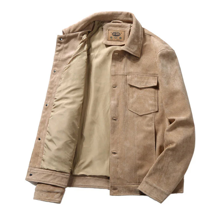 Beige suede jacket with button closure, flap chest pocket, and smooth inner lining
