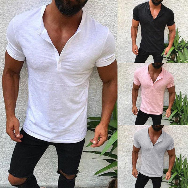 Men's slim fit short sleeve Henley shirts in white, black, pink, and grey colors modeled outdoors