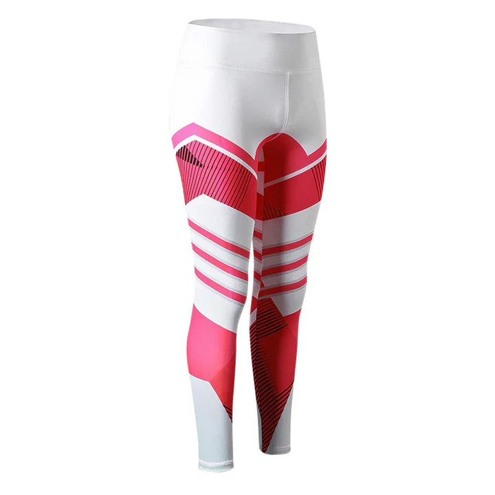 White leggings with pink and black geometric abstract pattern on a plain background