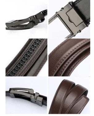 Close-up shots of brown leather belt with black metal automatic buckle and detailed stitching