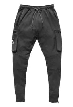 Black men's cargo jogger pants with drawstring waist and zippered pockets