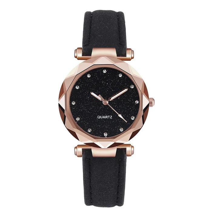 Elegant women's quartz wristwatch with faceted rose gold case, black starry dial, and black leather strap