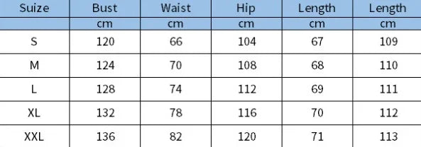 Size chart table showing bust, waist, hip, and length measurements in cm for sizes S to XXL