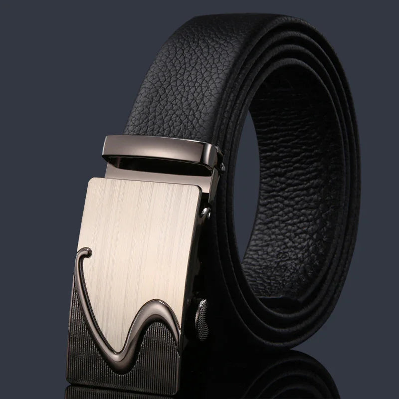 Black leather belt with textured surface and silver metal buckle featuring wave design