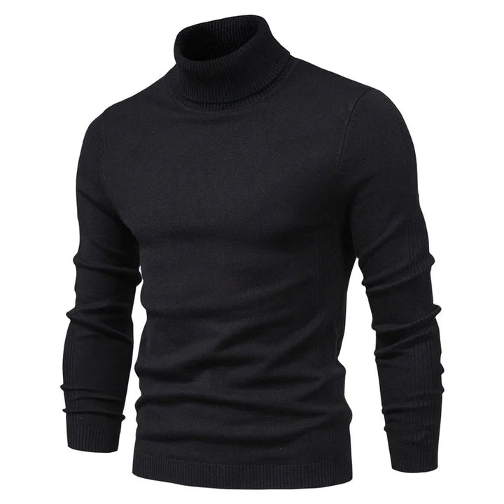 Black ribbed turtleneck sweater with long sleeves and fitted design
