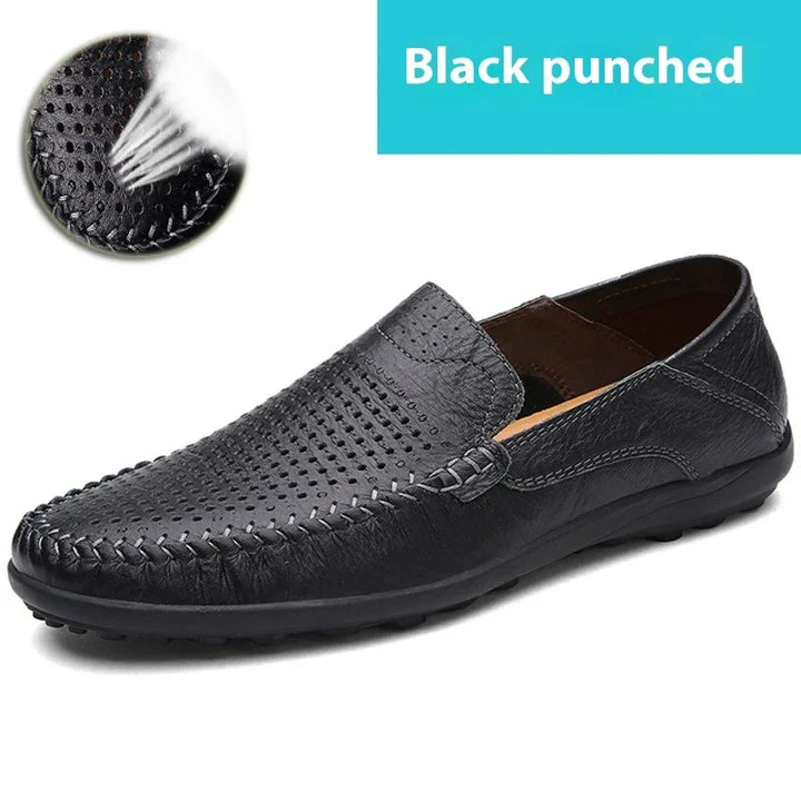 Black punched leather men's casual slip-on loafer with stitched detailing and breathable upper
