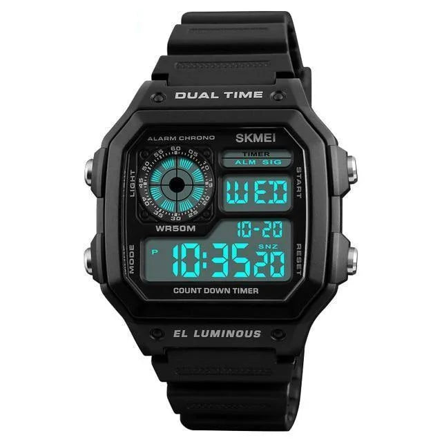 Black SKMEI digital sport watch with dual time, countdown timer, and luminous display