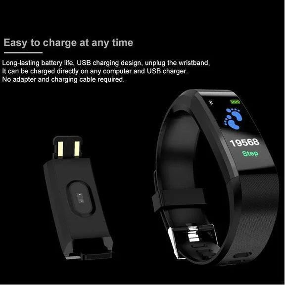 Black fitness tracker wristband with step count display and detachable USB charging plug against black background