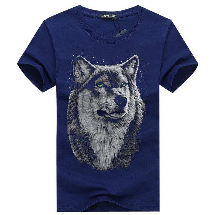 Navy blue T-shirt with detailed gray wolf head graphic and green eyes design