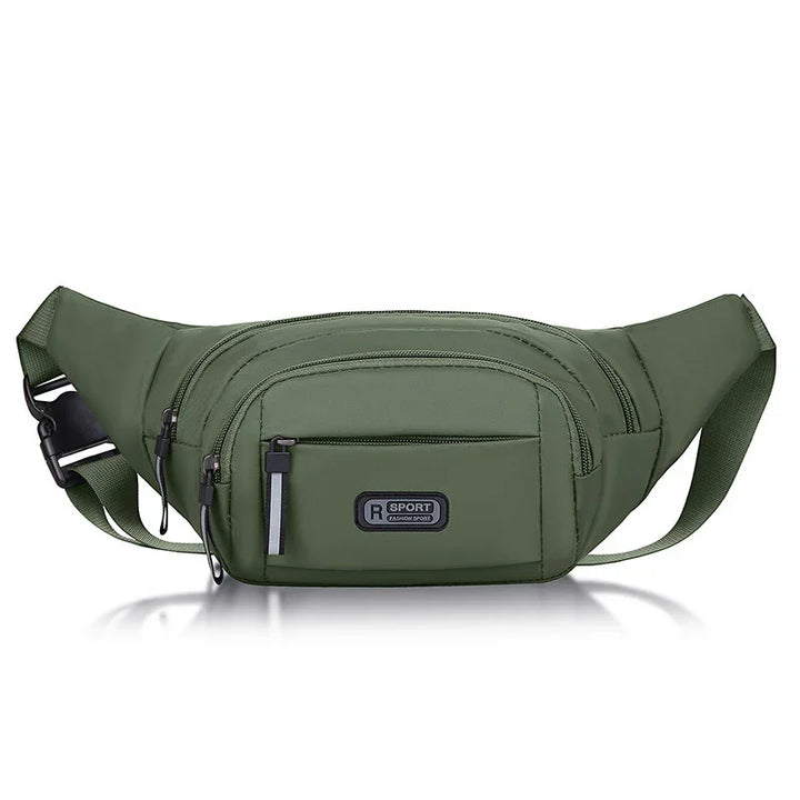 olive green sport waist bag with multiple zippered compartments and adjustable strap