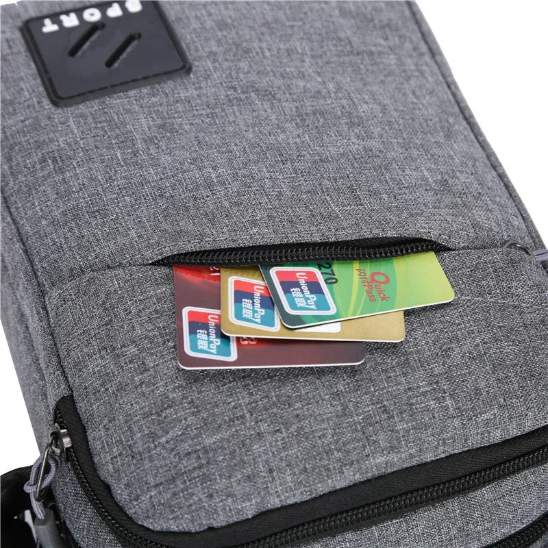 Gray fabric travel pouch with zipped pocket containing multiple UnionPay credit cards