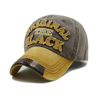 Stylish two-tone baseball cap with embroidered text 'ORIGINAL THE BLACK' in yellow and brown