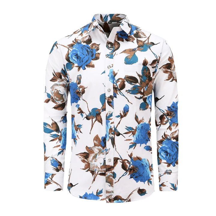 White long sleeve button-up shirt with blue and brown floral print and front pocket