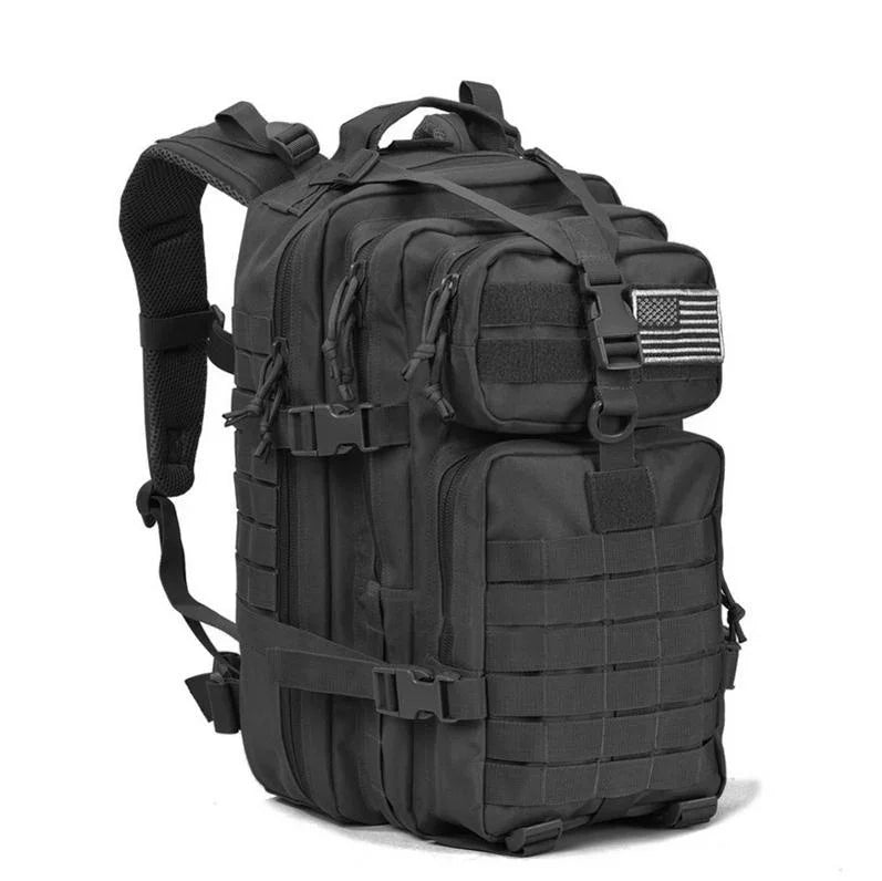 Black tactical backpack with multiple compartments and US flag patch on front