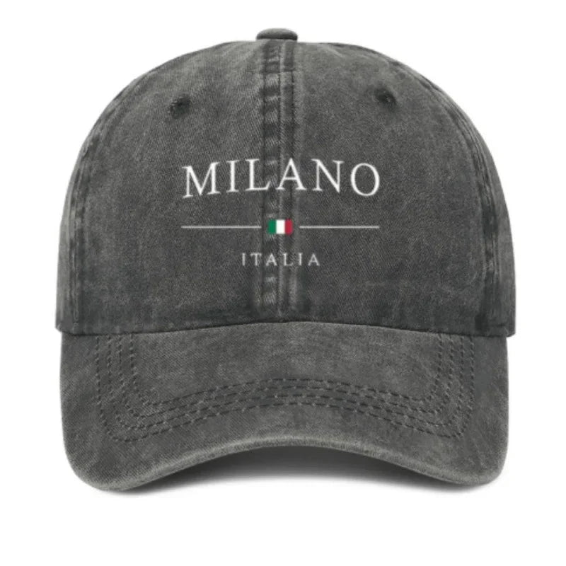 Faded black baseball cap with Milano Italia text and Italian flag embroidery