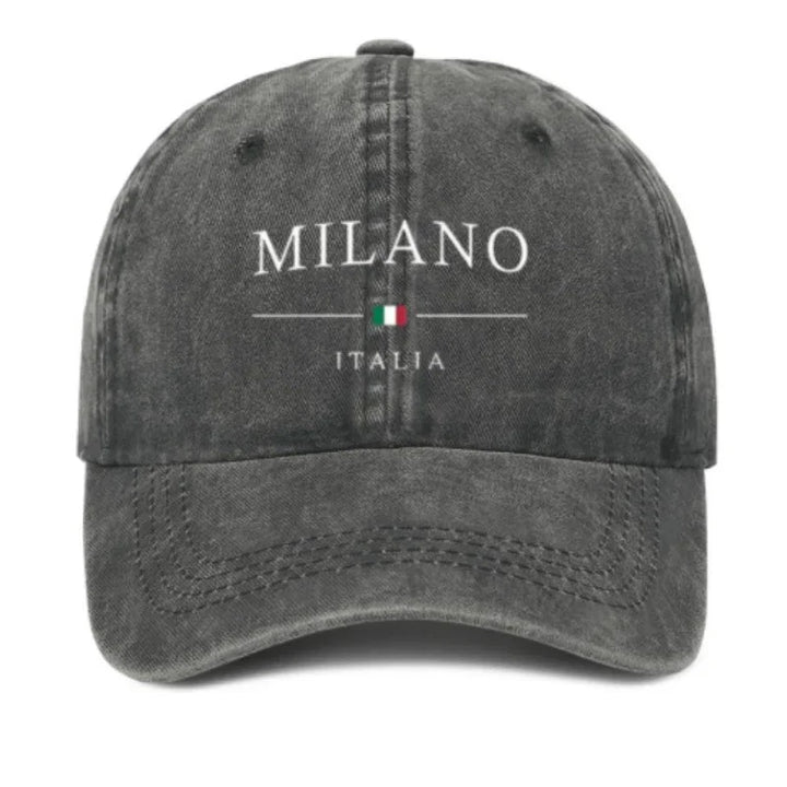 Faded black baseball cap with Milano Italia text and Italian flag embroidery