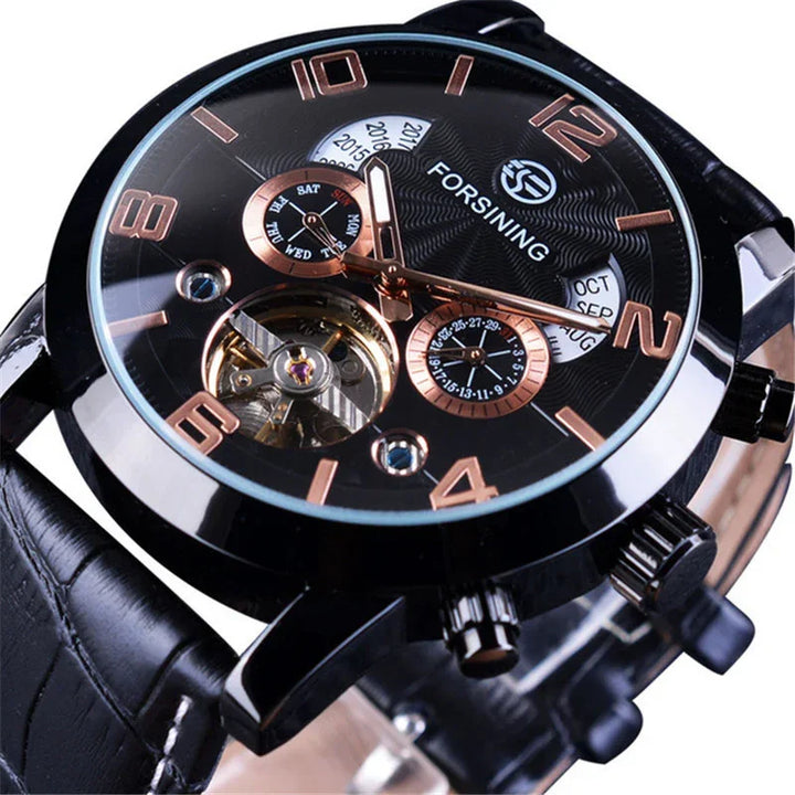 Forsining black dial men's wristwatch with rose gold numbers, subdials for day, date, month, and leather strap